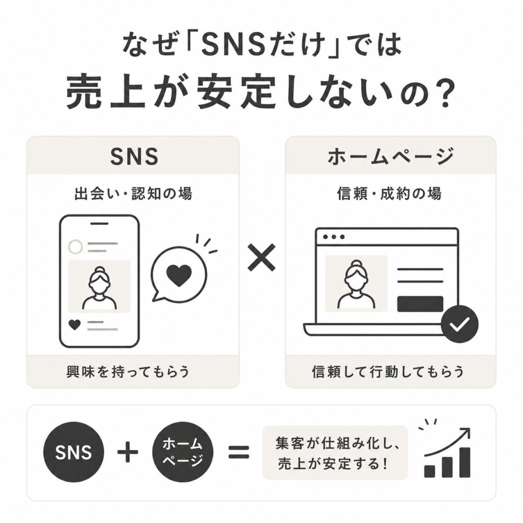 SNSとホームページの役割の違いと集客の流れを比較した図