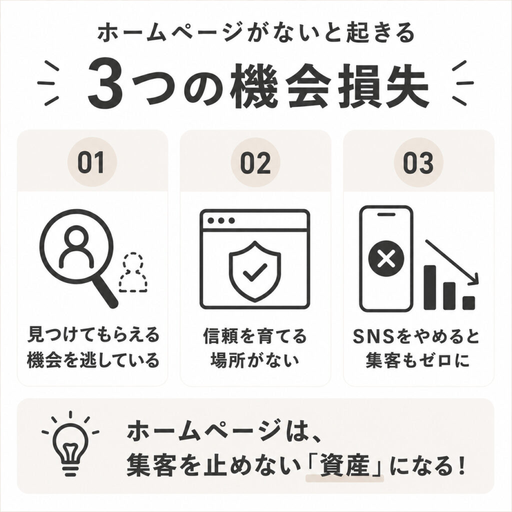 ホームページがないことで起こる3つの機会損失をまとめた図