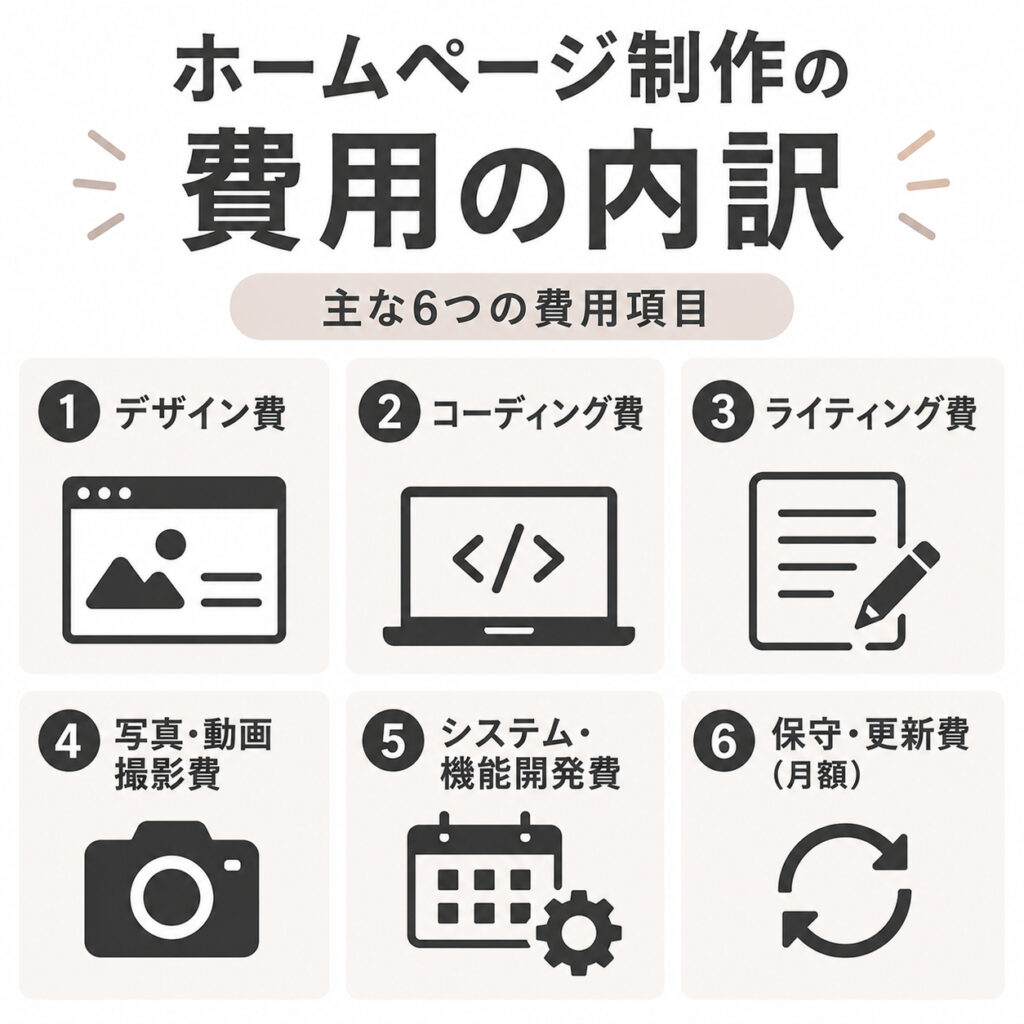 ホームページ制作費を構成する「デザイン費」「コーディング費」「ライティング費」「写真・動画撮影費」「システム・機能開発費」「保守・更新費」の6項目を整理した図解