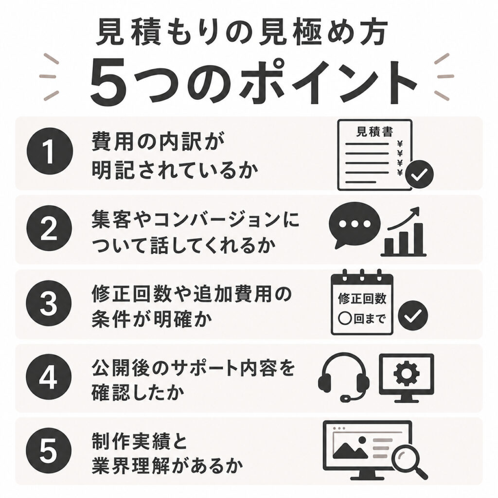 ホームページ制作会社へ依頼する前に確認したい「費用の内訳」「集客提案」「修正回数」「公開後サポート」「制作実績・業界理解」の5つのチェックポイントを一覧化した図解