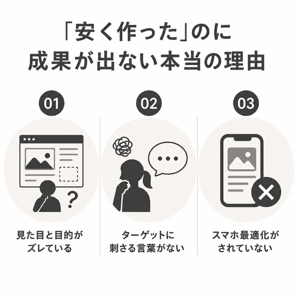 ホームページで成果が出ない代表的な原因として、「見た目と目的がズレている」「ターゲットに響く言葉がない」「スマホ最適化ができていない」の3つをまとめた図解。