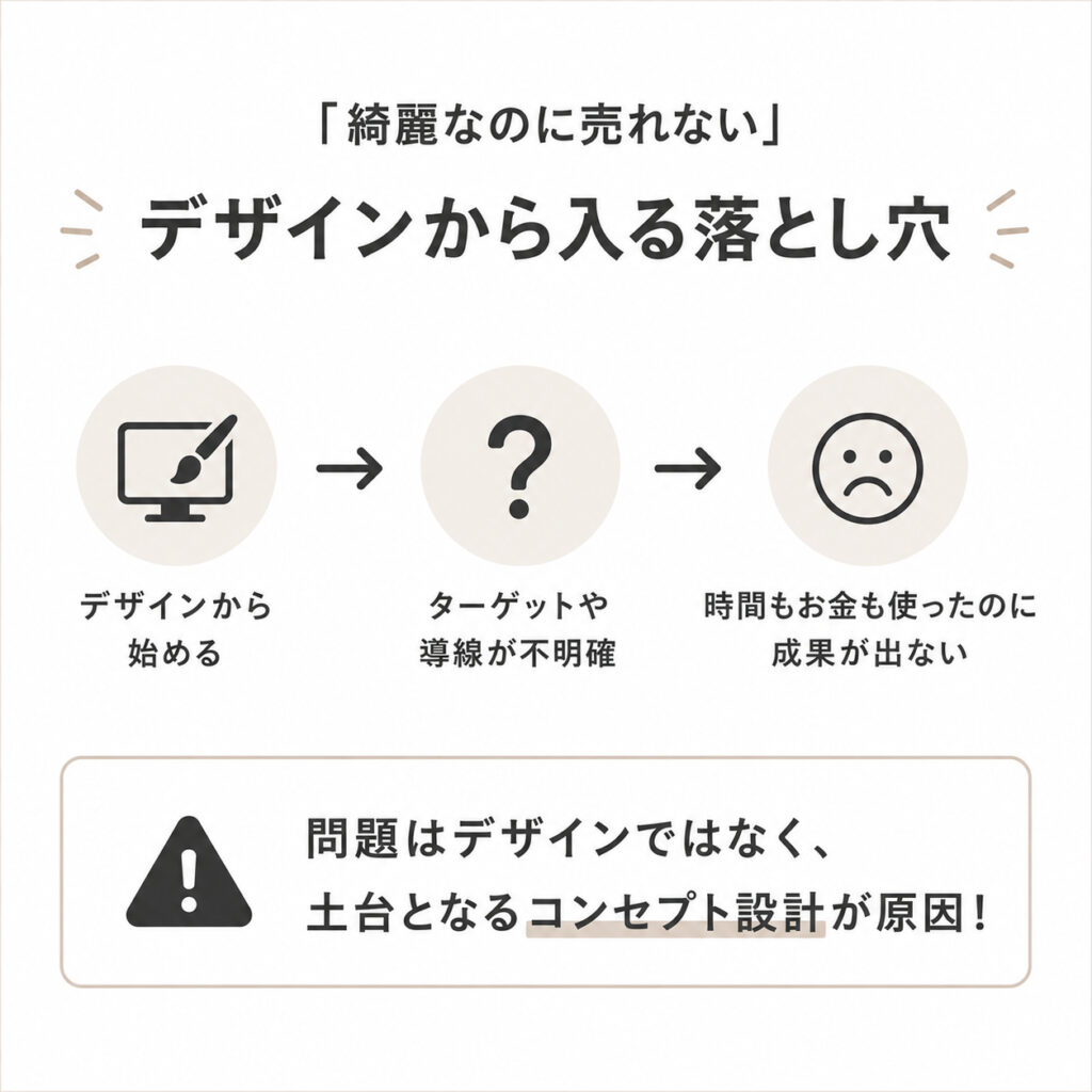 デザインから始めることで成果につながりにくくなる流れを示した図