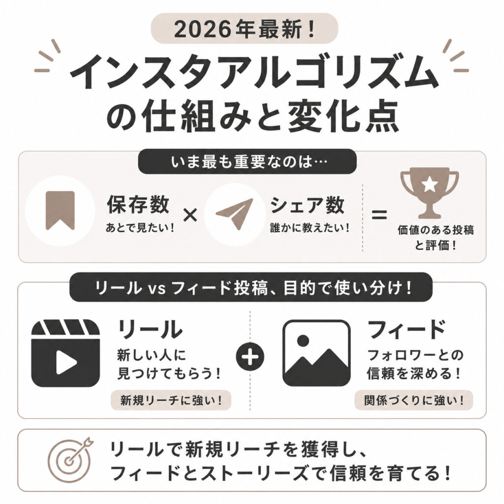 2026年版Instagram運用の考え方を図解。保存数・シェア数など複数の反応と、リール・フィード投稿の役割の違いをまとめたインフォグラフィック。