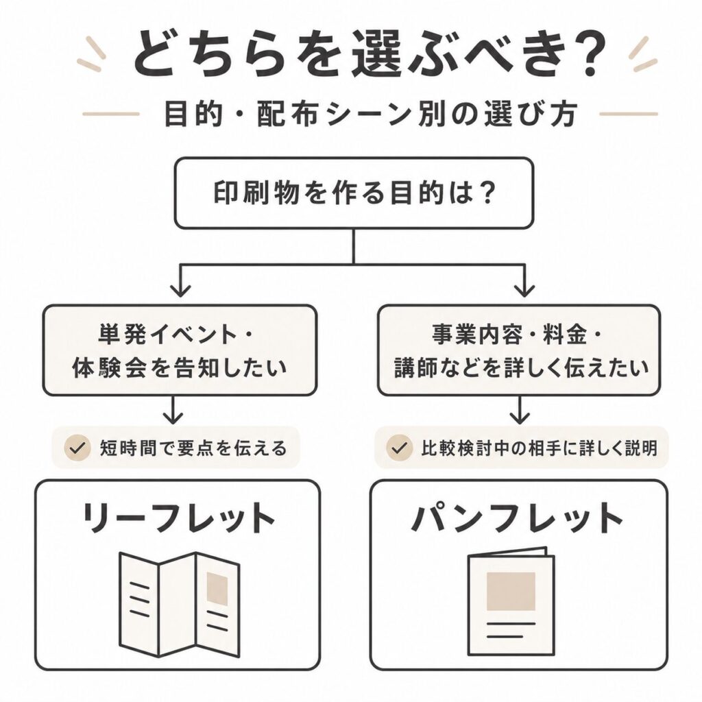 集客目的と配布シーンからリーフレットかパンフレットかを選ぶフロー図