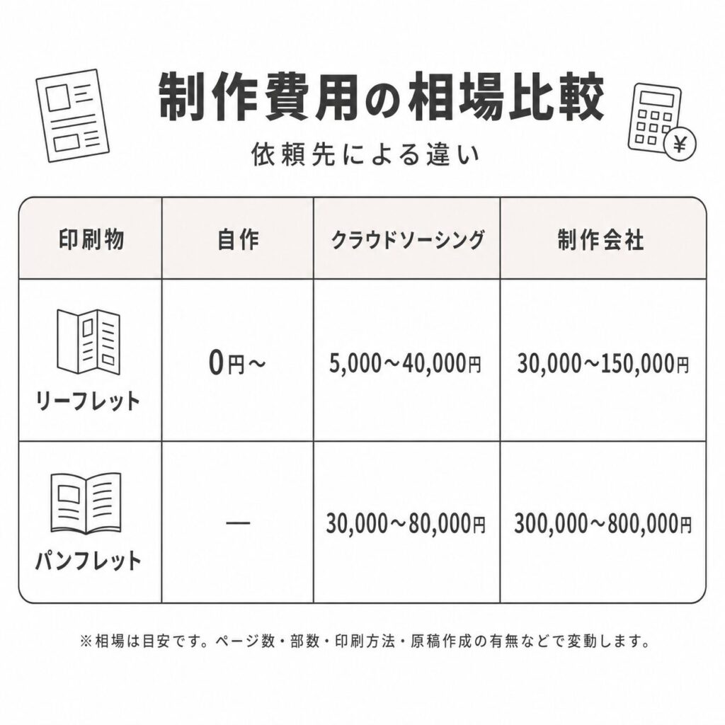 リーフレットとパンフレットの依頼先別制作費用相場を比較した図