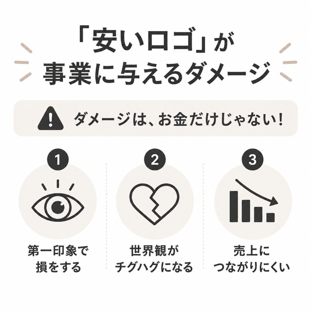 格安ロゴが「第一印象の低下」「ブランドの世界観が伝わらない」「売上や信頼につながりにくい」という3つのリスクを与えることをまとめた図