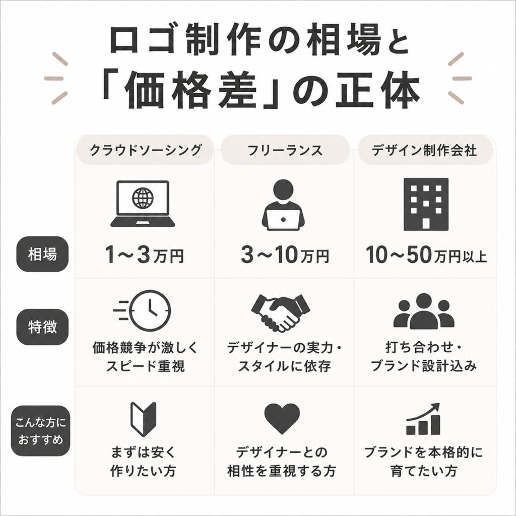 ロゴ制作を依頼する「クラウドソーシング」「フリーランス」「デザイン制作会社」の相場・特徴・違いを比較した図