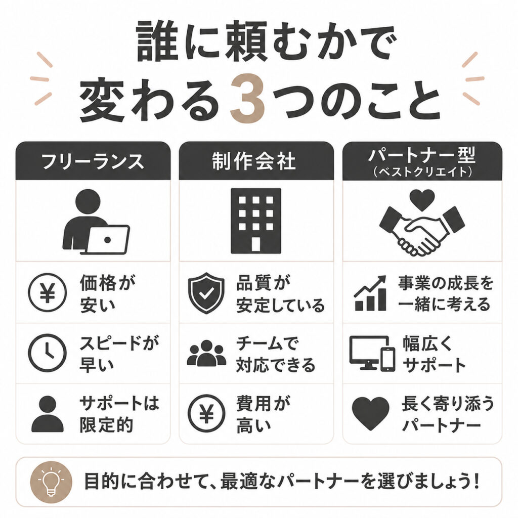 ロゴ制作を依頼する相手による違いを「フリーランス」「制作会社」「パートナー型」の3つで比較し、それぞれの特徴や得られるサポート内容を整理した図