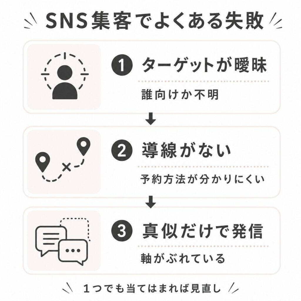 SNS集客でよくある3つの失敗パターンをまとめたチェック図