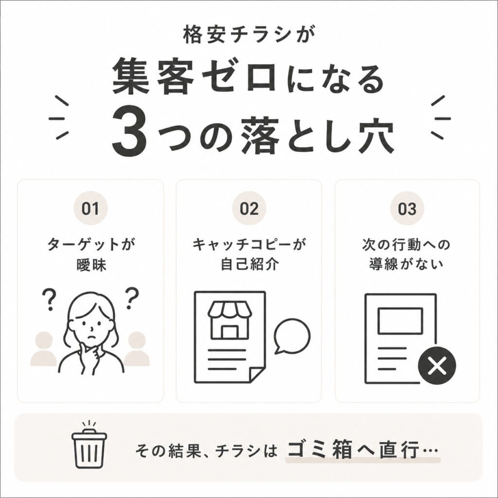 格安チラシが集客につながらない3つの原因（ターゲットが曖昧・キャッチコピーが自己紹介・次の行動への導線がない）をまとめた図