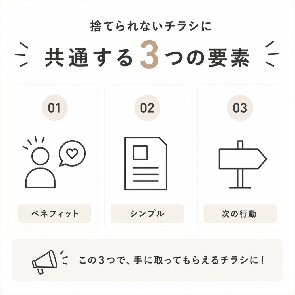 集客できるチラシに必要な3つの要素（悩みを突くコピー・オファー設計・導線設計）をまとめた図