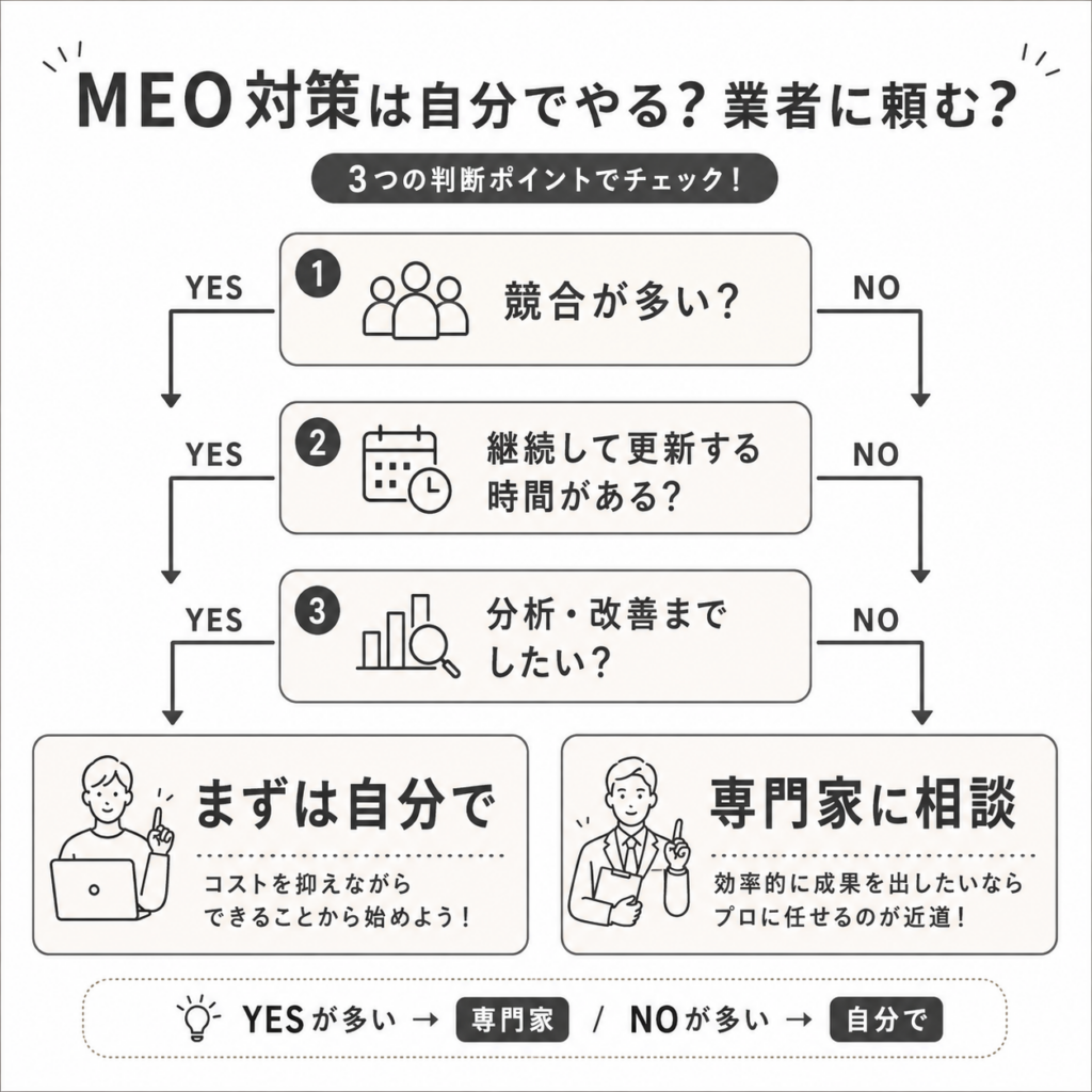 MEO対策を自分で行うか業者に依頼するか判断する3つの基準