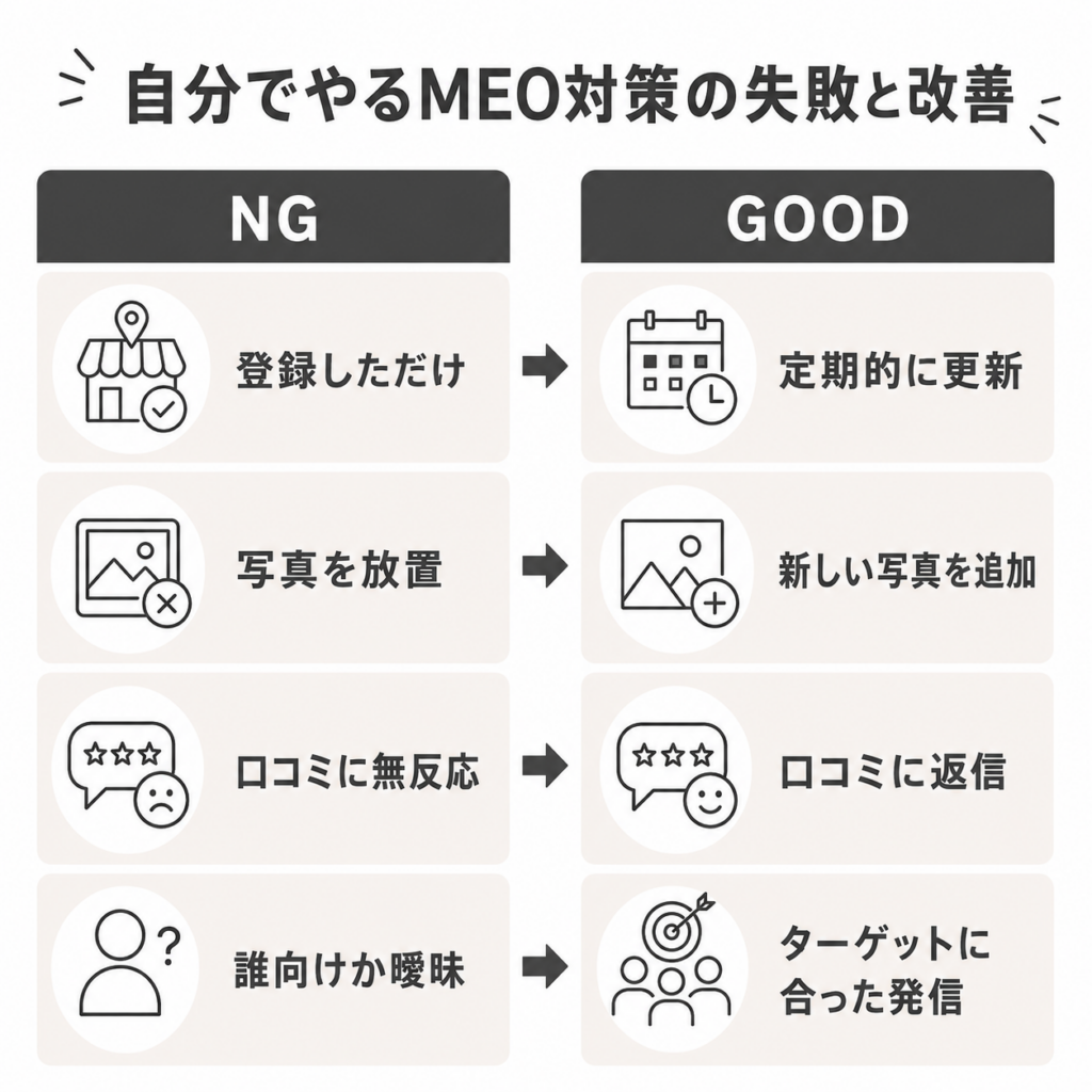 自分でMEO対策を行う際によくある失敗と改善例