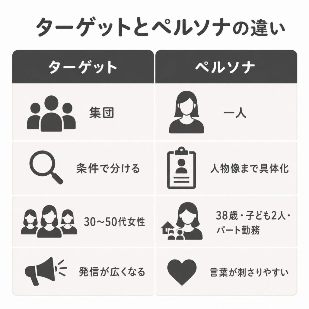 ターゲットとペルソナの違いを具体例で比較した図