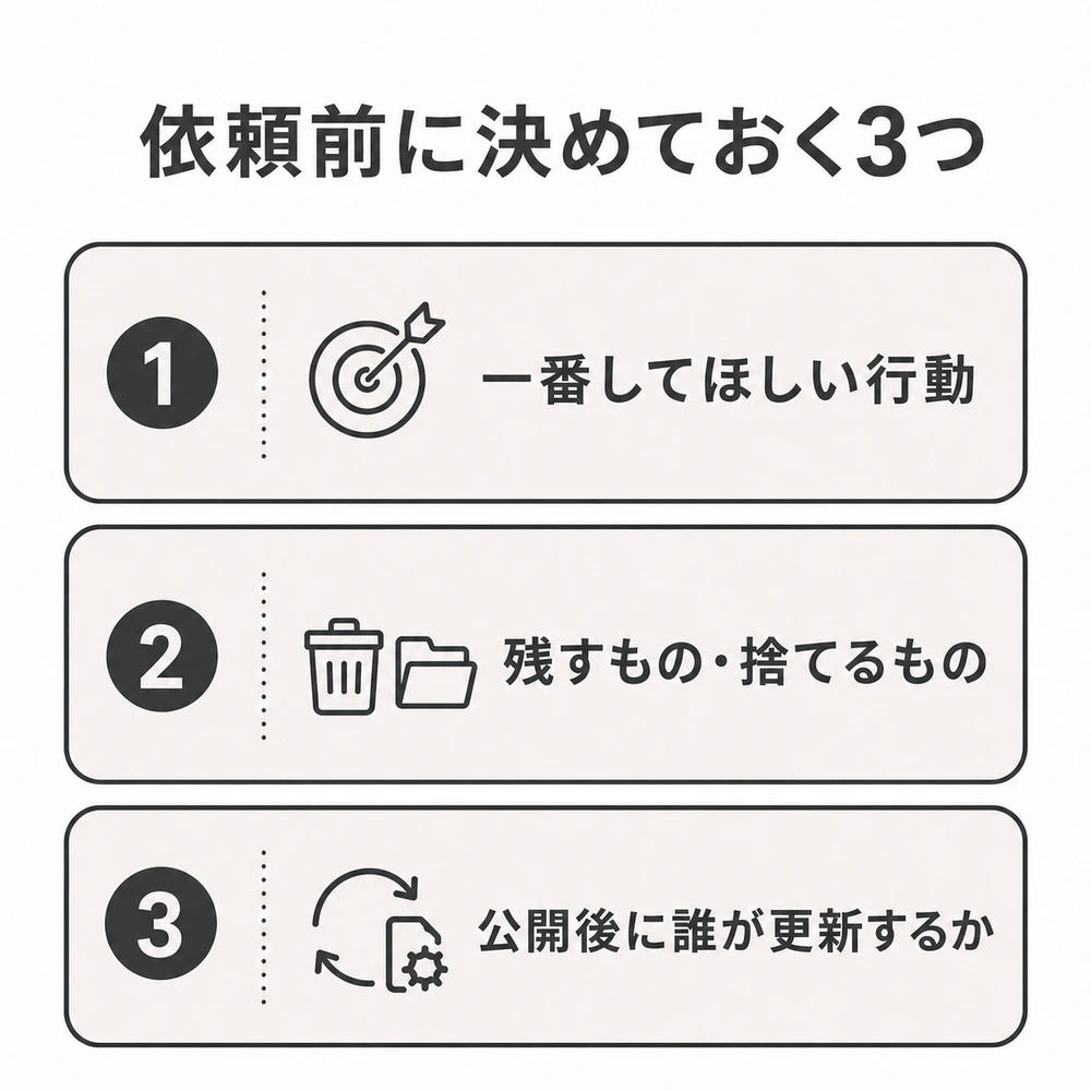 ホームページのリニューアルを依頼する前に、一番してほしい行動、残すものと捨てるもの、公開後に誰が更新するかを決めるチェックリスト