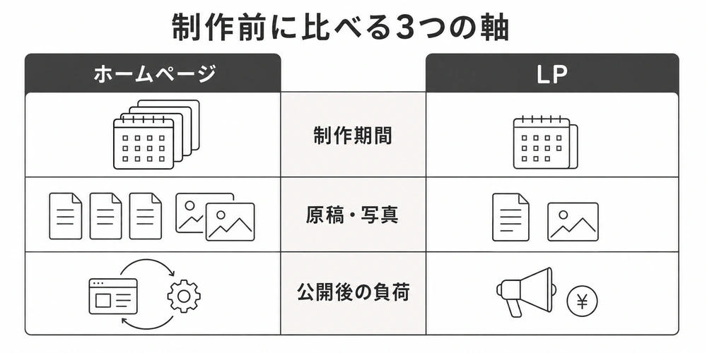 ホームページとLPを制作期間・原稿や写真・公開後の負荷で比較した図