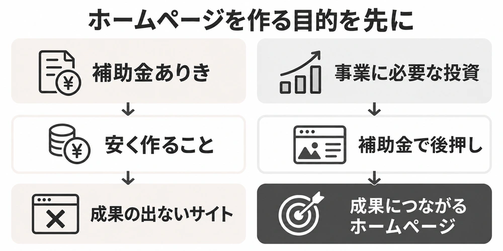 補助金ありきで安く作る考え方と、事業に必要な投資を補助金で後押しして成果につなげる考え方の比較図